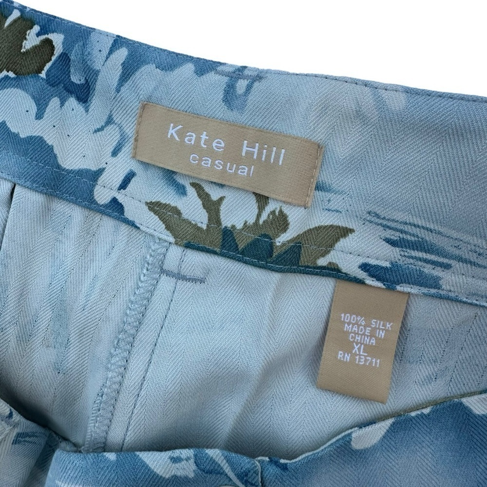 Kate Hill 100% Silk Cropped Tropical Palm Trees Blue Flowy Summer Pants, XL - Picture 3 of 10
